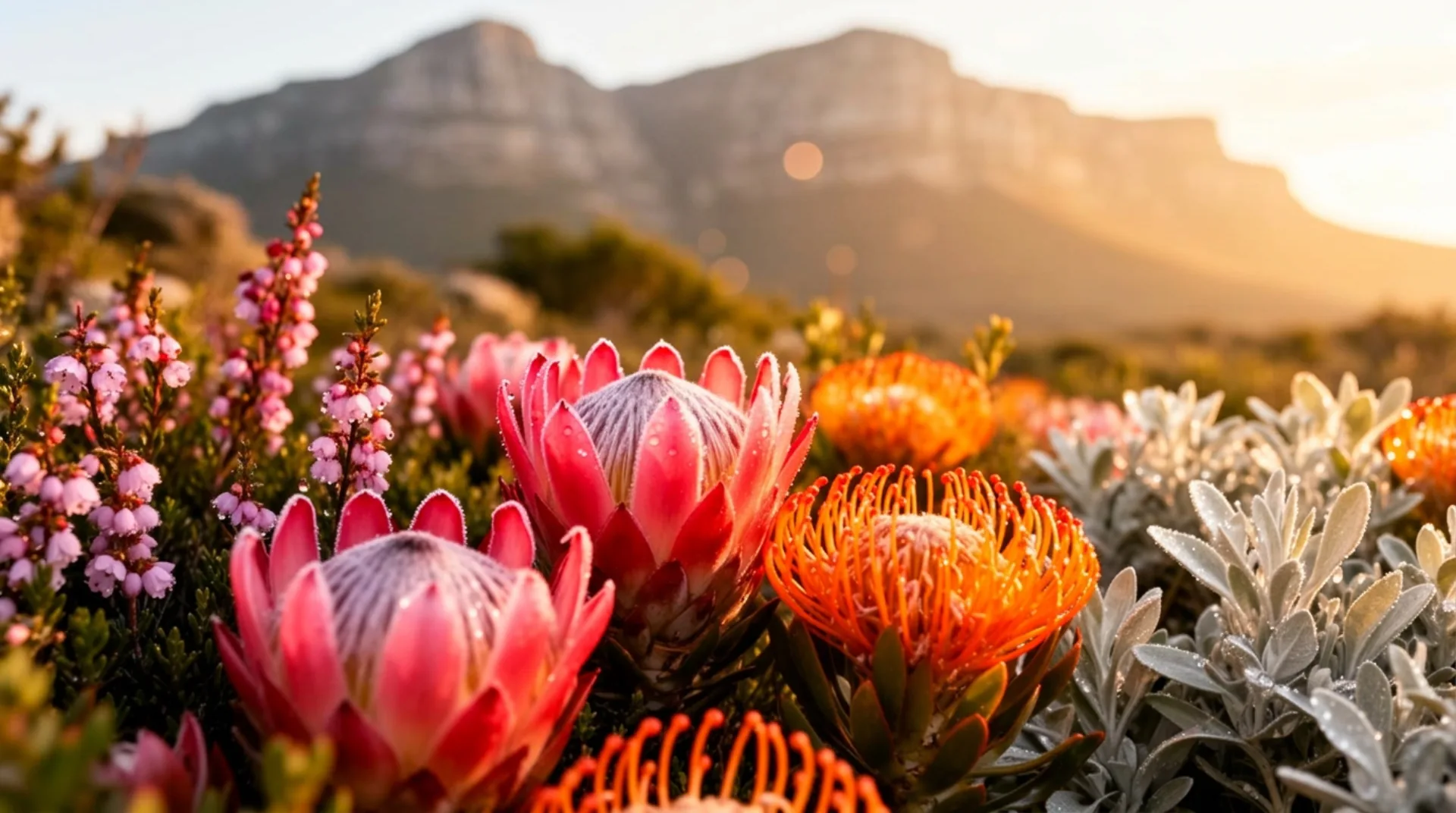 Cape Fynbos in bloom - proteas, pincushions, and ericas with the Cape mountains beyond