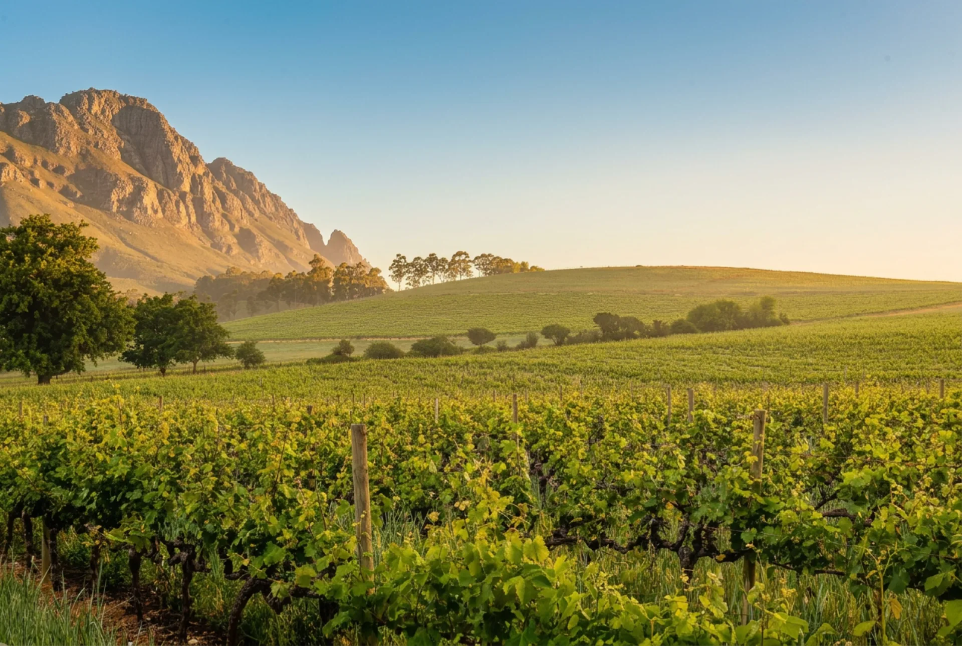 Lush South African vineyard with the Cape mountains in the distance