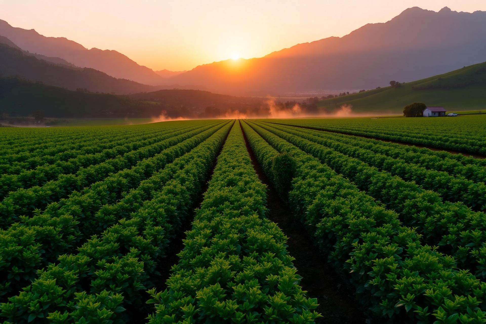 Lush green farm at golden hour with mountains in the distance