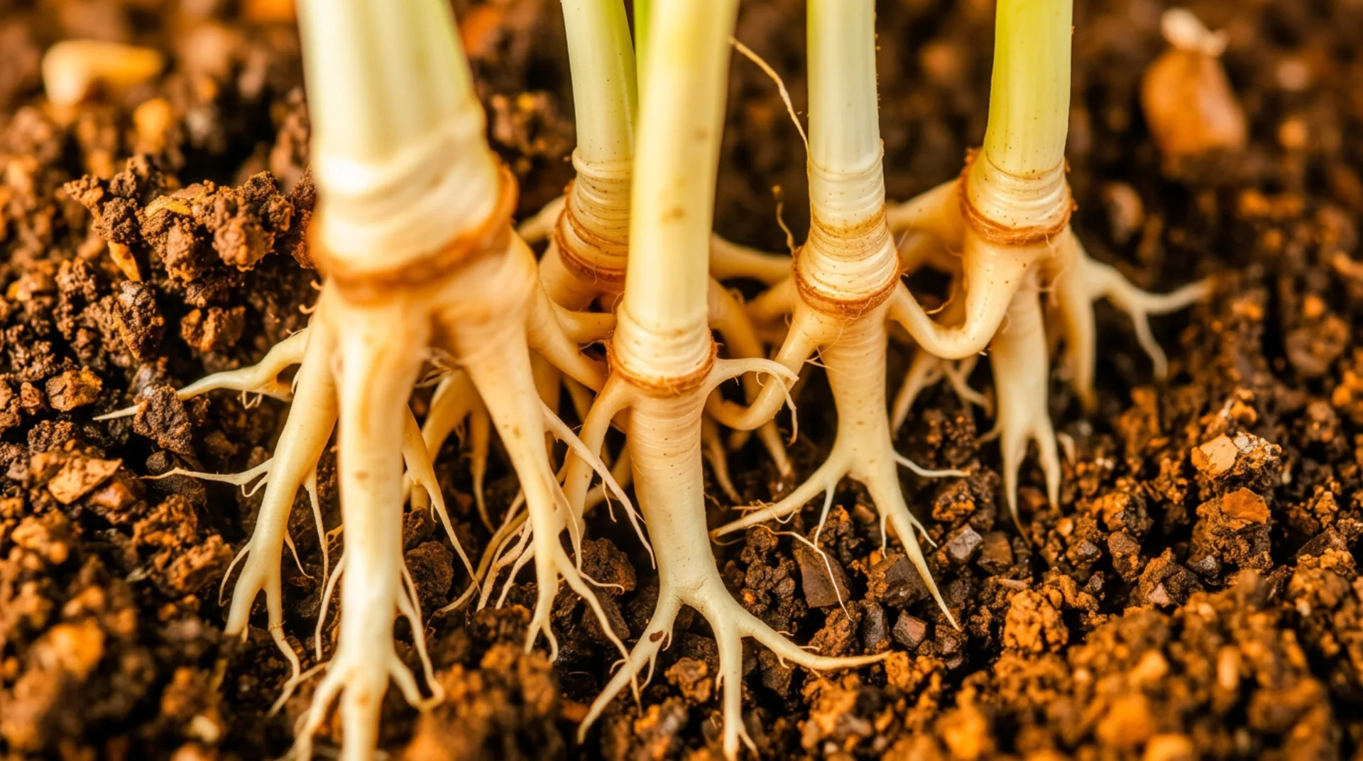Healthy plant roots in rich soil